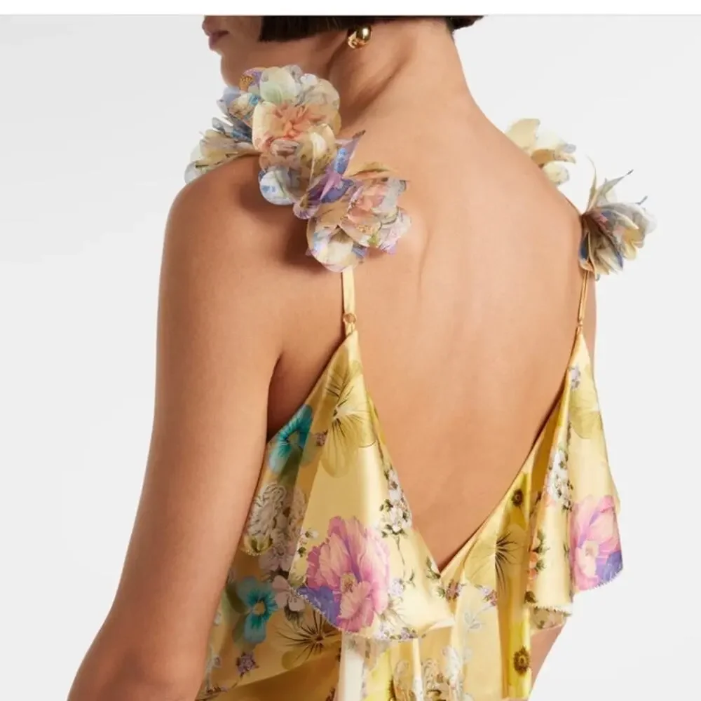 Camilla Embellished floral ruffled silk satin maxi dress NWT